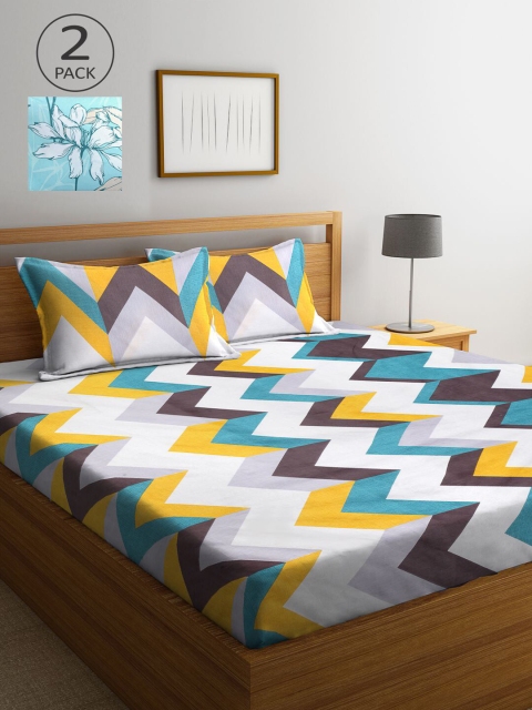 

KLOTTHE Blue & White Geometric 210 TC 2 King Bedsheet with 4 Pillow Covers