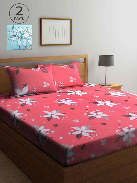 

KLOTTHE Peach-Coloured & Turquoise Blue Floral 210 TC 2 King Bedsheet with 4 Pillow Covers