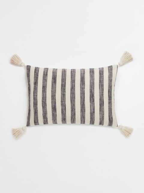 

H&M Unisex Grey & Beige Striped Tasselled Cushion Cover