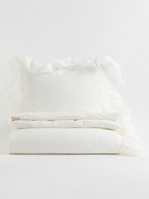 

H&M White Flounce-Trimmed Single Duvet Cover Set