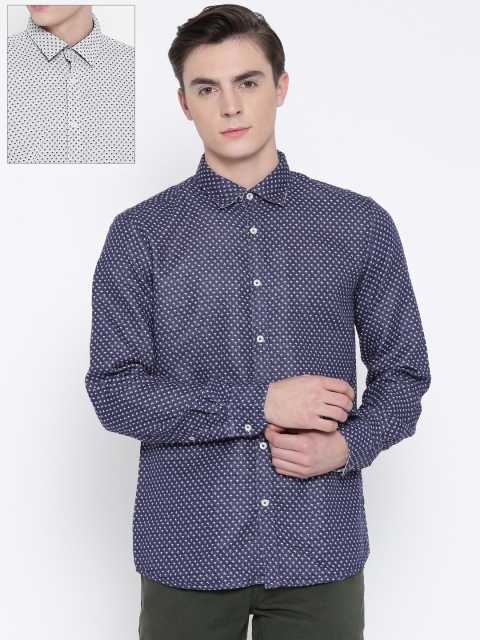 

Parx Men Navy & White Slim Fit Printed Reversible Casual Shirt, Navy blue