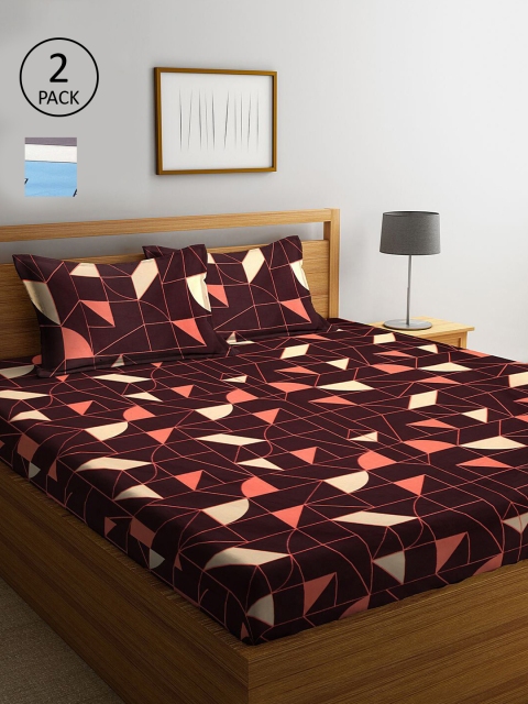 

KLOTTHE Brown & Blue Geometric 210 TC 2 King Bedsheet with 4 Pillow Covers