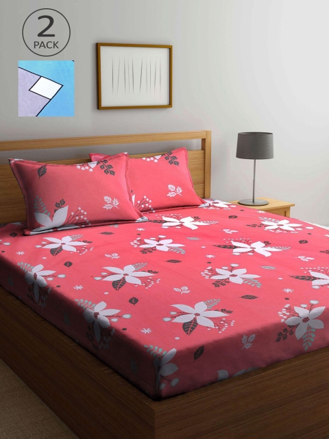 

KLOTTHE Pink & Blue Floral 210 TC 2 King Bedsheet with 4 Pillow Covers