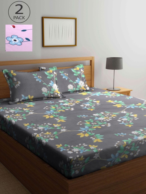 

KLOTTHE Grey & Pink Floral 210 TC 2 King Bedsheet with 4 Pillow Covers