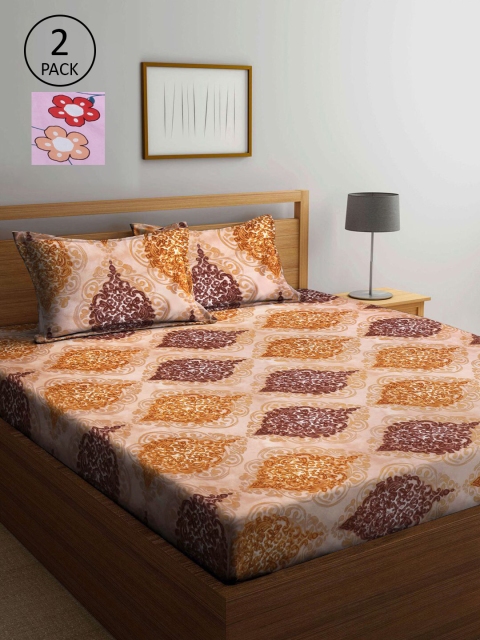 

KLOTTHE Beige & Pink Ethnic Motifs 210 TC 2 King Bedsheet with 4 Pillow Covers