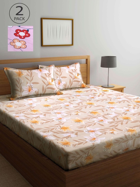 

KLOTTHE Beige & Pink Floral 210 TC 2 King Bedsheet with 4 Pillow Covers