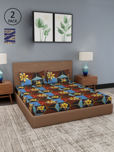 

Dhrohar Set Of 2 Blue & Brown Ethnic Motifs 180 TC King Bedsheet with 4 Pillow Covers