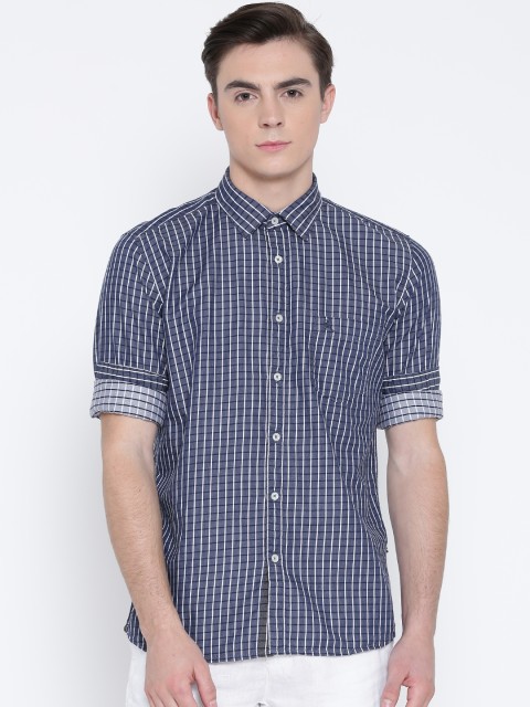 

Parx Men Navy Slim Fit Checked Casual Shirt, Navy blue
