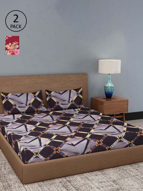 

Dhrohar Set Of 2 Maroon & Black Floral 180 King Bedsheet with 4 Pillow Covers