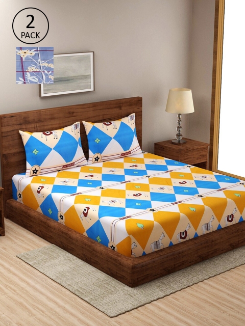 

Dhrohar Set Of 2 Blue & Yellow Floral 210 TC King Bedsheet with 4 Pillow Covers