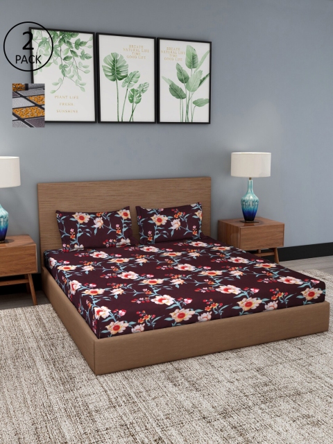 

Dhrohar Maroon & Grey Floral 180 TC 2 King Bedsheet with 4 Pillow Covers