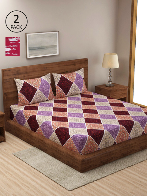 

Dhrohar Set Of 2 Maroon & Beige Floral 210 TC King Bedsheet with 4 Pillow Covers