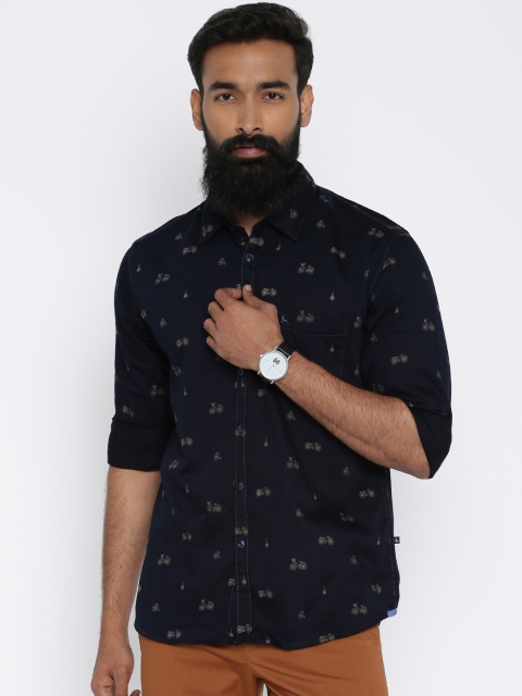 

Parx Navy Slim Fit Printed Casual Shirt, Navy blue