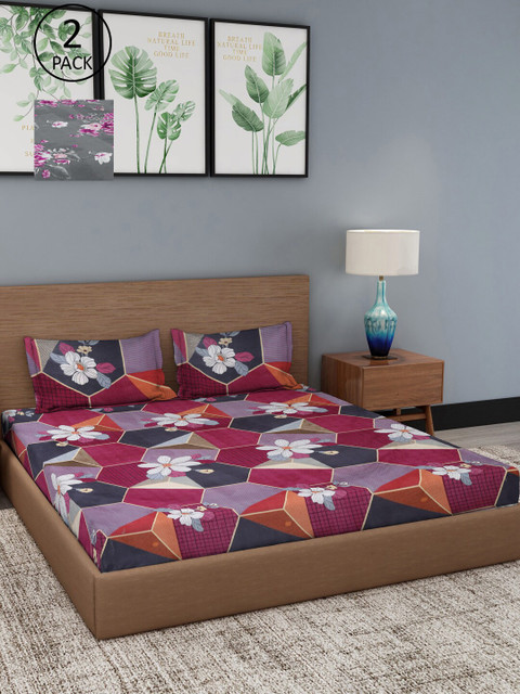 

Dhrohar Red & Grey Floral 180 TC 2 King Bedsheet with 4 Pillow Covers