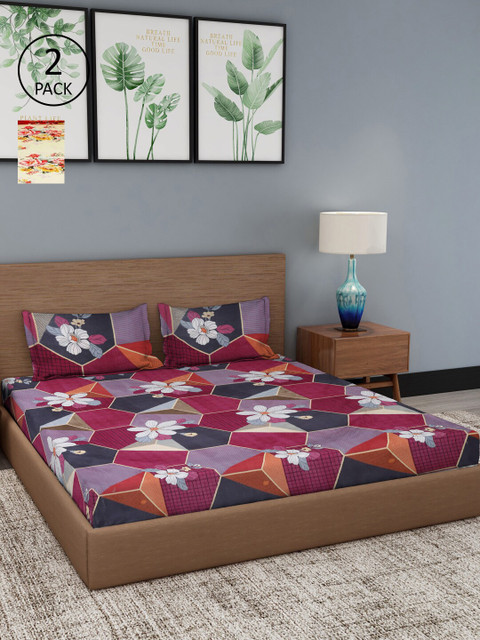 

Dhrohar Set Of 2 Grey & Purple Floral 180 TC King Bedsheet with 4 Pillow Covers