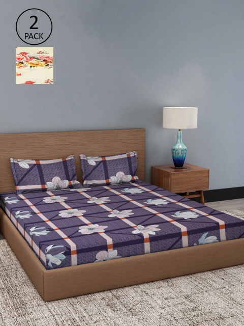 

Dhrohar Set Of 2 Blue & Yellow Floral 180 TC King Bedsheet with 4 Pillow Covers