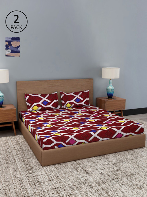 

Dhrohar Maroon & Blue Geometric 180 TC 2 King Bedsheet with 4 Pillow Covers