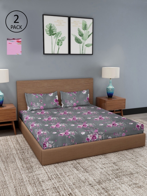 

Dhrohar Set Of 2 Grey & Pink Floral 180 TC King Bedsheet with 4 Pillow Covers