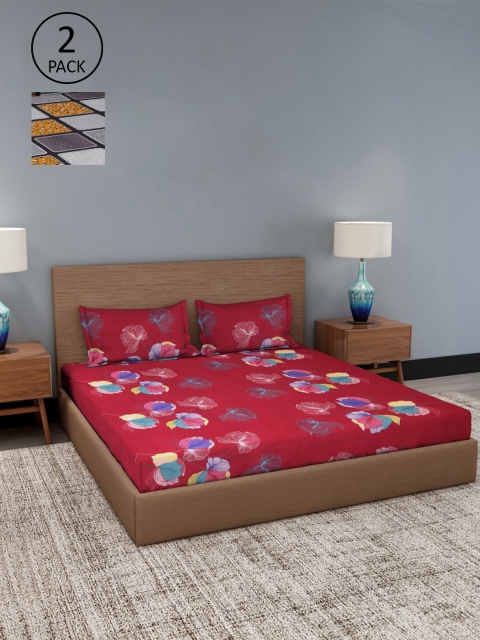 

Dhrohar Red & Grey Floral 180 TC 2 King Bedsheet with 4 Pillow Covers