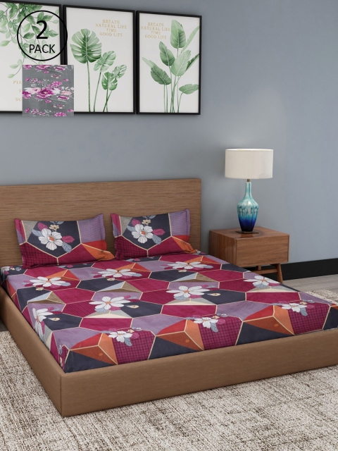 

Dhrohar Set Of 2 Grey & Purple Floral 180 TC King Bedsheet with 4 Pillow Covers
