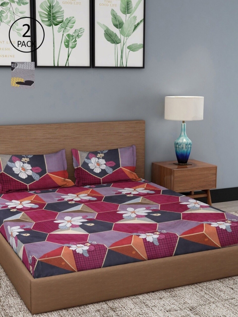 

Dhrohar Maroon & Grey Floral 180 TC 2 King Bedsheet with 4 Pillow Covers
