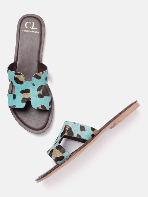 

Carlton London Women Turquoise Blue & Black Leopard Print Open Toe Flats