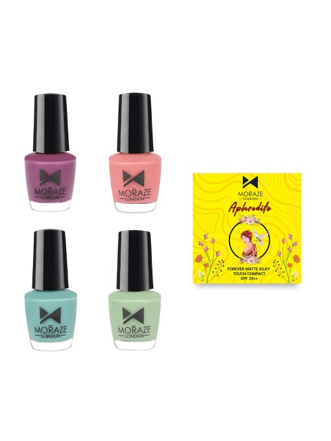 

Moraze London Set of 4 Nail Polish & Aphrodite Forever Matte Silky Touch Compact Powder, Multi