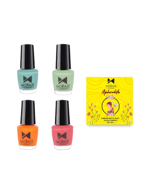 

Moraze Pack of 4 Matte Pareben Free Nail Polish & Compact Powder Combo With SPF 25 ++, Blue