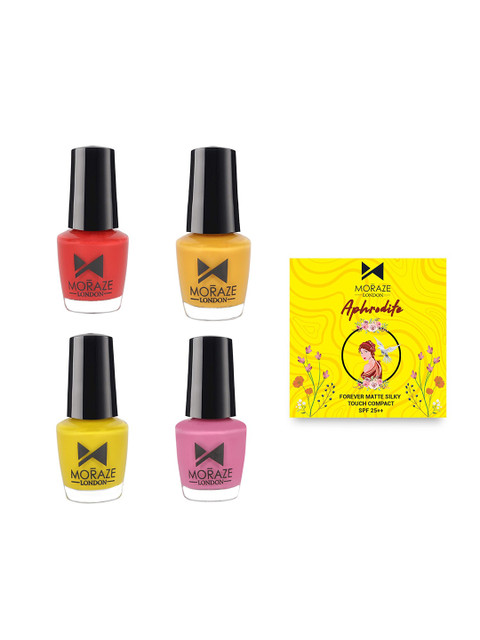 

Moraze Pack of 4 Matte Pareben Free Nail Polish & Compact Powder Combo With SPF 25 ++, Red