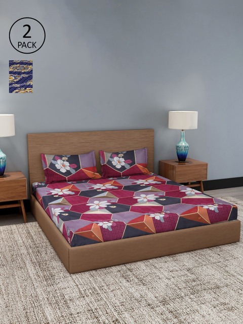 

Dhrohar Set Of 2 Blue & Purple Ethnic Motifs 180 TC King Bedsheet with 4 Pillow Covers