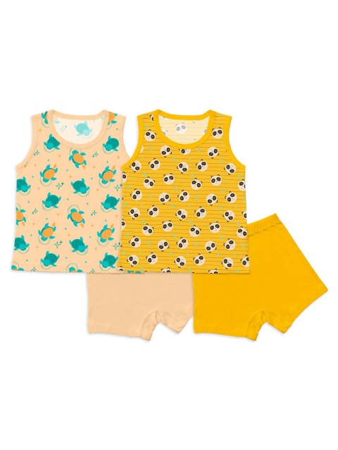 

SuperBottoms Kids Set Of 2 Yellow & Beige Printed T-shirt with Shorts