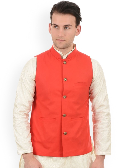 

Ethnicity Men Orange Solid Nehru Jacket