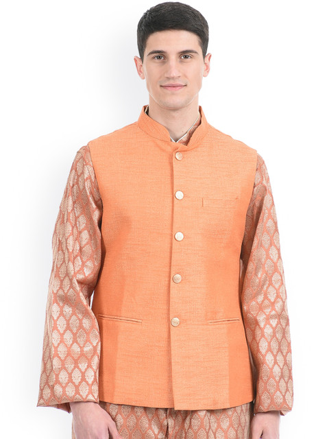 

Ethnicity Men Orange Floral Longline Tailored Jacket