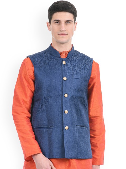 

Ethnicity Men Blue Cotton Woven Nehru Jacket