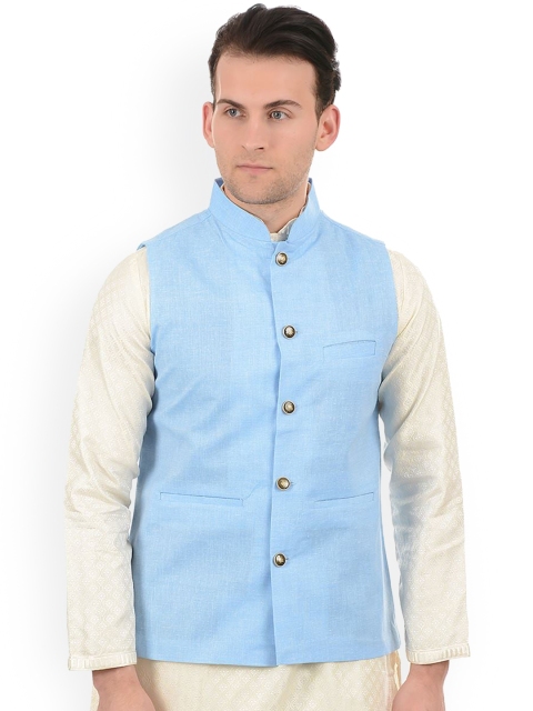 

Ethnicity Men Blue Ethnic Motifs Printed Cotton Nehru Jacket