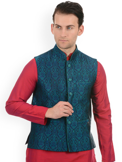 

Ethnicity Men Blue & Green Ethnic Motifs Printed Cotton Nehru Jacket
