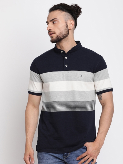 

Cantabil Men Navy Blue & White Colourblocked Cotton Mandarin Collar T-shirt