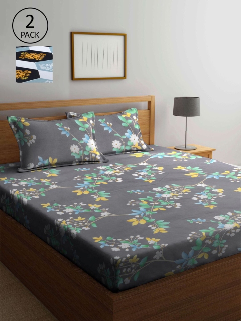 

KLOTTHE Blue & Grey Floral 210 TC 2 King Bedsheet with 4 Pillow Covers