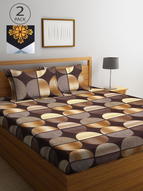 

KLOTTHE Brown & Blue Geometric 210 TC 2 King Bedsheet with 4 Pillow Covers