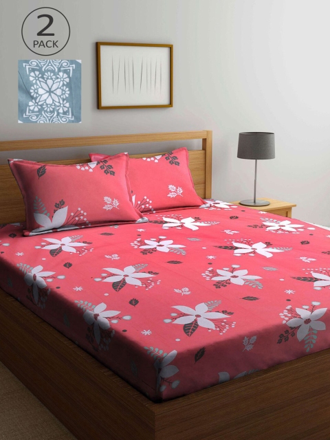 

KLOTTHE Blue & Peach-Coloured Floral 210 TC 2 King Bedsheet with 4 Pillow Covers