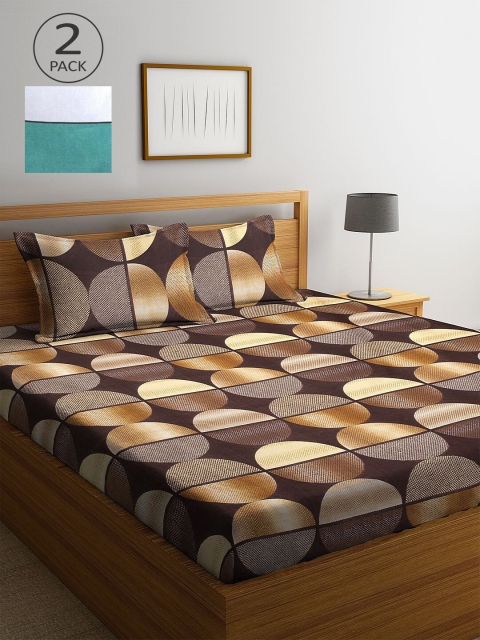 

KLOTTHE Green & Brown Geometric 210 TC 2 King Bedsheet with 4 Pillow Covers