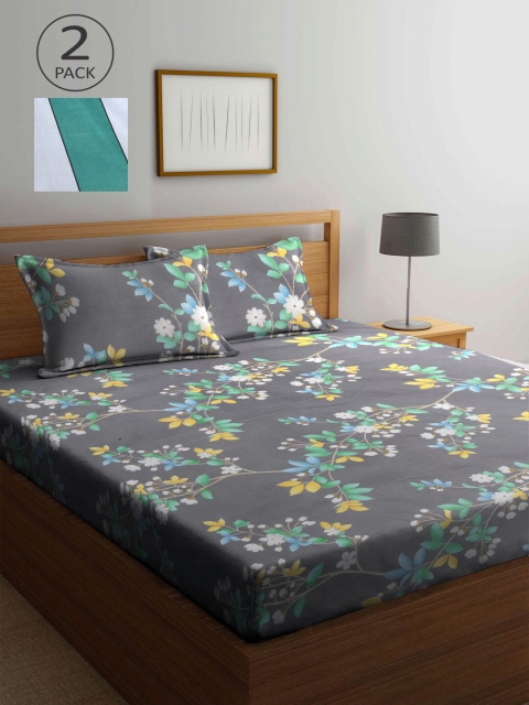 

KLOTTHE Green & Grey Floral 210 TC 2 King Bedsheet with 4 Pillow Covers
