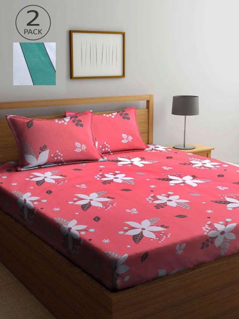 

KLOTTHE Pink & Green Floral 210 TC 2 King Bedsheet with 4 Pillow Covers