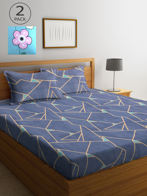 

KLOTTHE Blue Geometric 210 TC 2 King Bedsheet with 4 Pillow Covers