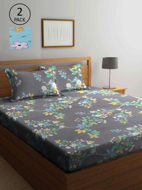 

KLOTTHE Grey & Blue Floral 210 TC 2 King Bedsheet with 4 Pillow Covers