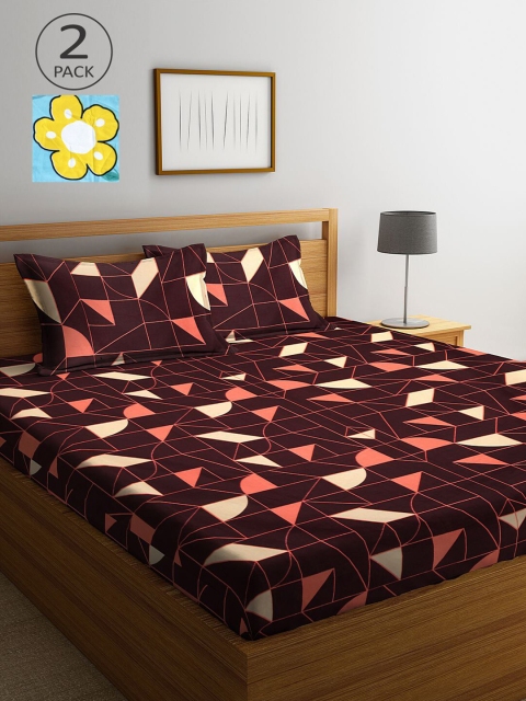 

KLOTTHE Brown & Blue Geometric 210 TC 2 King Bedsheet with 4 Pillow Covers