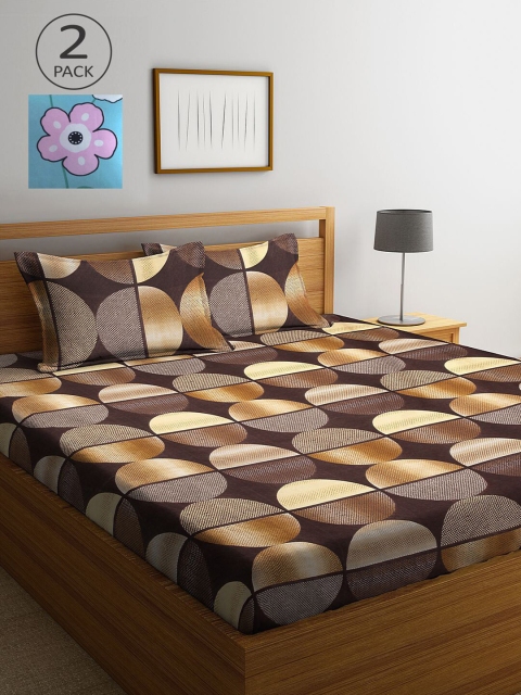 

KLOTTHE Brown & Blue Geometric 210 TC 2 King Bedsheet with 4 Pillow Covers