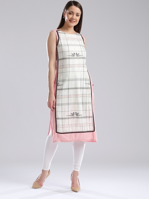 

W Women White & Pink Printed Straight Kurta