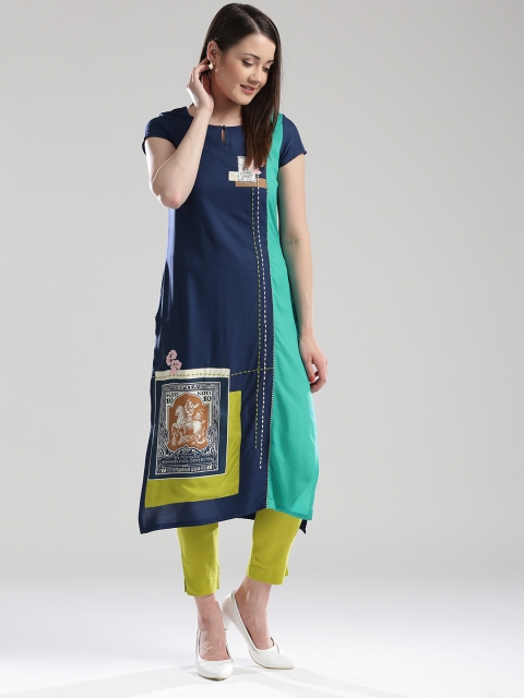 

W Women Blue Printed Panelled Straight Kurta