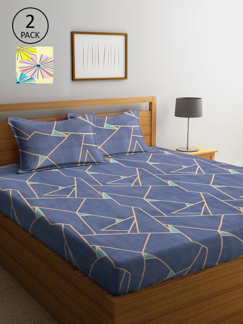 

KLOTTHE Blue & Yellow Geometric 210 TC 2 King Bedsheet with 4 Pillow Covers